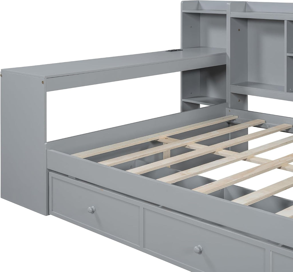 Bellemave Full Corner Bed Frame with Storage Shelves and Desk, Wood Full Size Daybed with Bookcase and 3 Drawers and USB, Gray