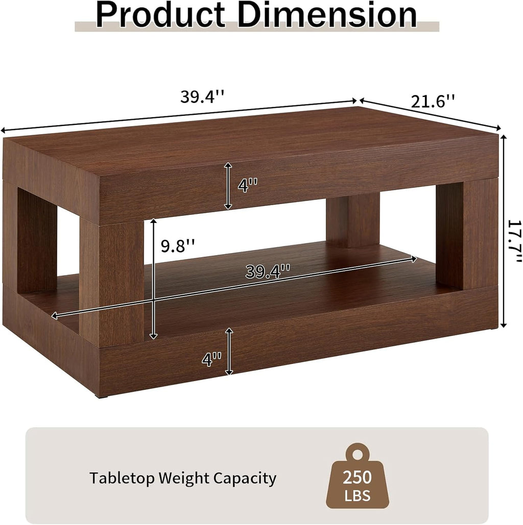 LKTART 39.37' Coffee Table with Storage, 2-Tier Mid Century Rectangular Accent Table with Thick Tabletop, Rustic Style Cocktail, Center Table for Living Room, Office, Apartment (Dark Walnut)