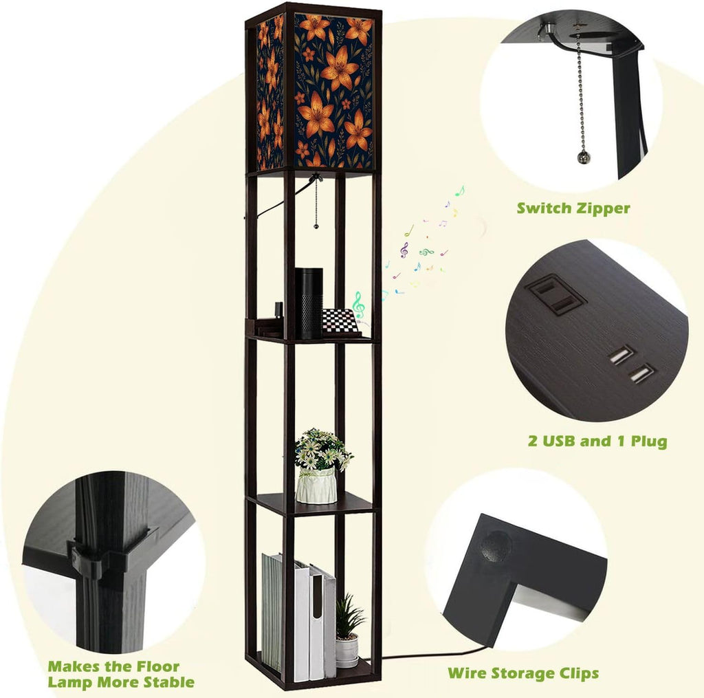 Floor Lamp with Shelves Watercolor Made Tiger Lilies Wild Herbs Standing Tall Lamp USB Ports & Power Outlet Modern Corner Lamp Nightstand Light for Living Room Bedroom