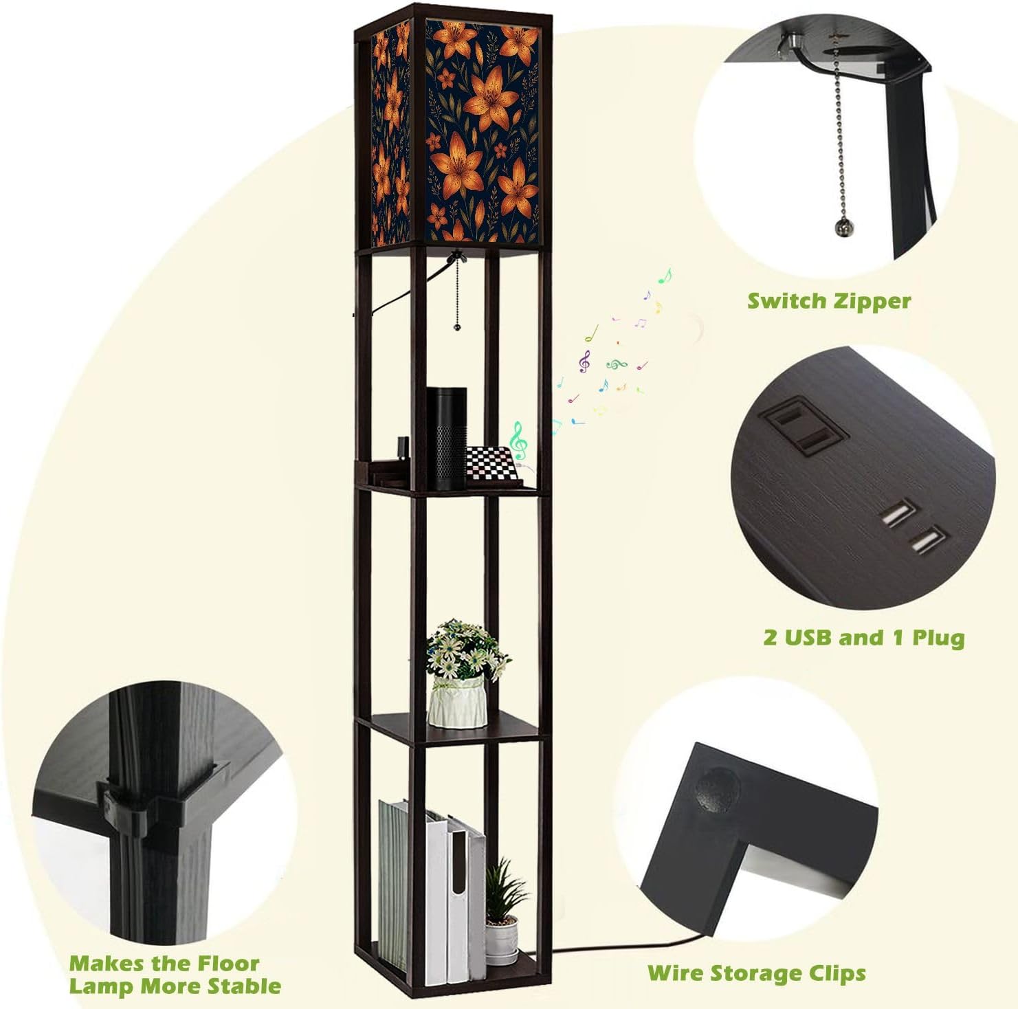 Floor Lamp with Shelves Watercolor Made Tiger Lilies Wild Herbs Standing Tall Lamp USB Ports & Power Outlet Modern Corner Lamp Nightstand Light for Living Room Bedroom