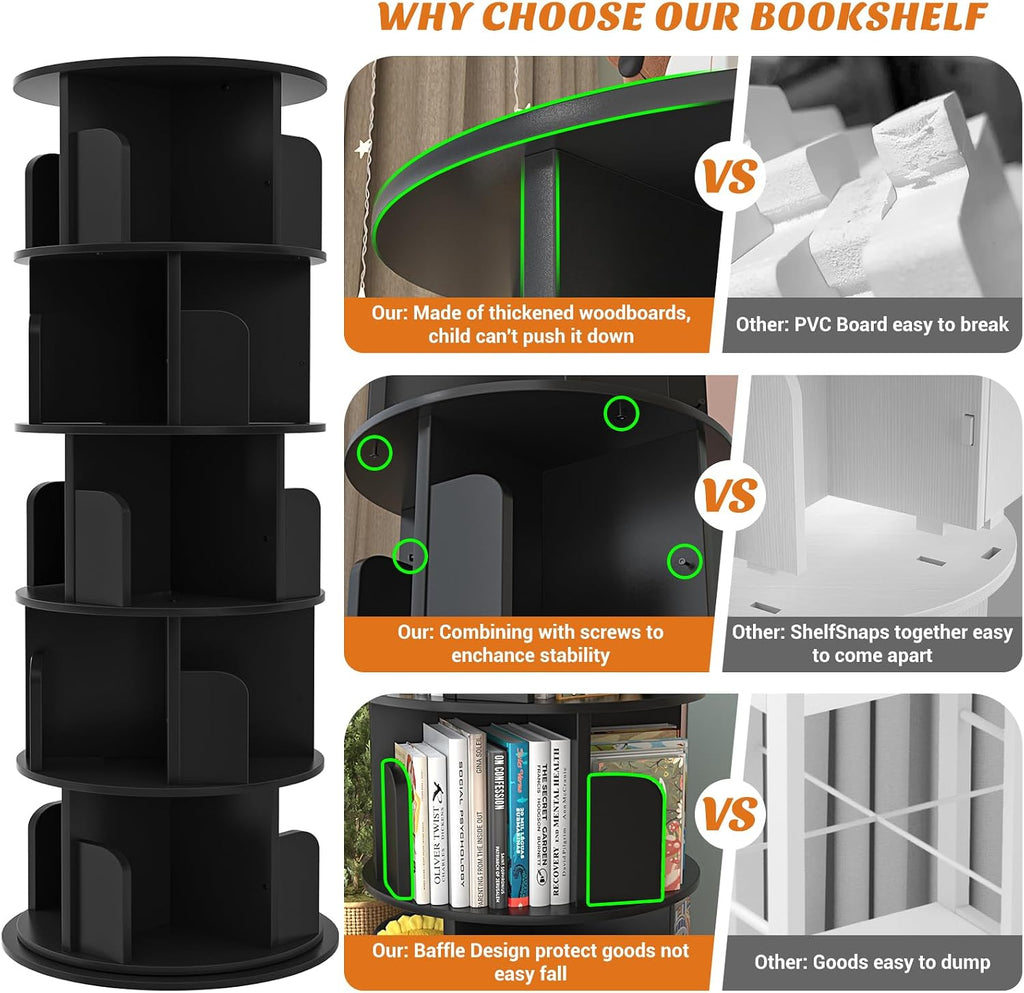 Aheaplus 5 Tier Rotating Bookshelf, Wood Spinning Bookshelf Tower, Round Revolving 360 Bookcase, Narrow Turning Book Shelf Rolling Corner Organizer for Small Space, Bedroom, Office, Black