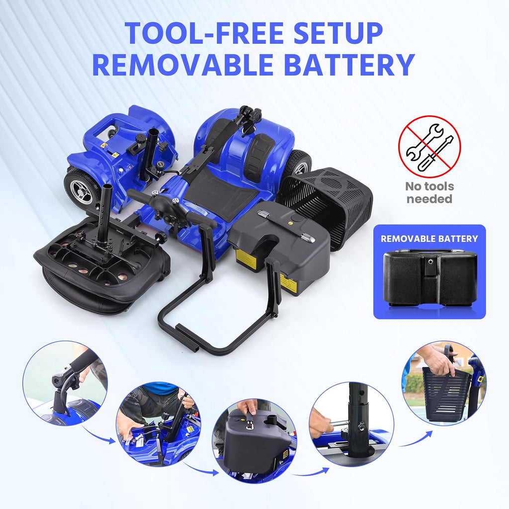 SUNDERWELL Mobility Scooters for Seniors & Adults, Compact Foldable Mobility Scooter with Tool-Free Disassembly, 15 Miles Electric Powered Mobility Scooters with 300 lb Capacity & USB Port (Blue)
