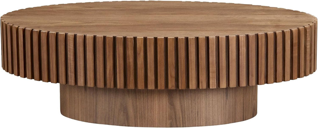 Walnut Oval Coffee Table - Modern Wood Coffee Table for Living Room, Contemporary Circle Fluted Drum Design, Easy Assembly (43.7'' x 24.8'' x 13.38'')