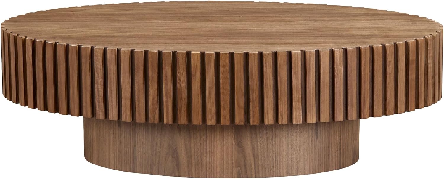 Walnut Oval Coffee Table - Modern Wood Coffee Table for Living Room, Contemporary Circle Fluted Drum Design, Easy Assembly (43.7'' x 24.8'' x 13.38'')