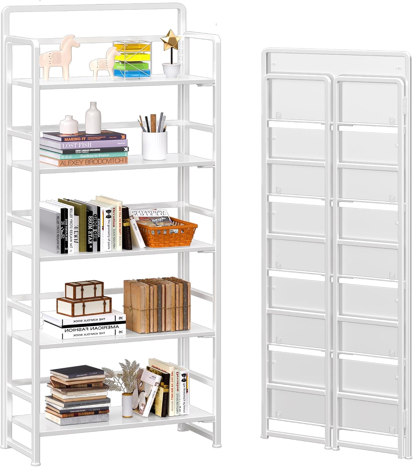 4NM No Assembly 5 Tiers Folding Bookshelf Storage Shelves Vintage Bookcase Standing Racks Study Organizer Home Office (All White)
