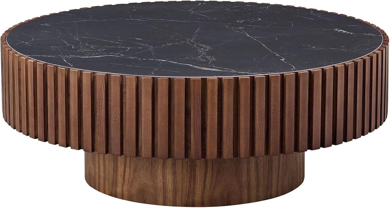 35.43'' Sintered Stone Coffee Table Black Modern Round Coffee Table for Living Room, Contemporary Circle Fluted Drum Pedestal Style, Easy Assembly, Walnut