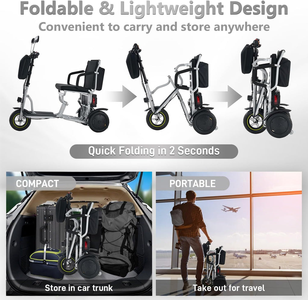 3-Wheel Folding Mobility Scooter Foldable Lightweight Electric Scooter for Adults & Seniors, Detachable Lithium Battery, Long Range 28 Miles, 3-Speed, with Turn Signal & Rearview Mirror (Silver)