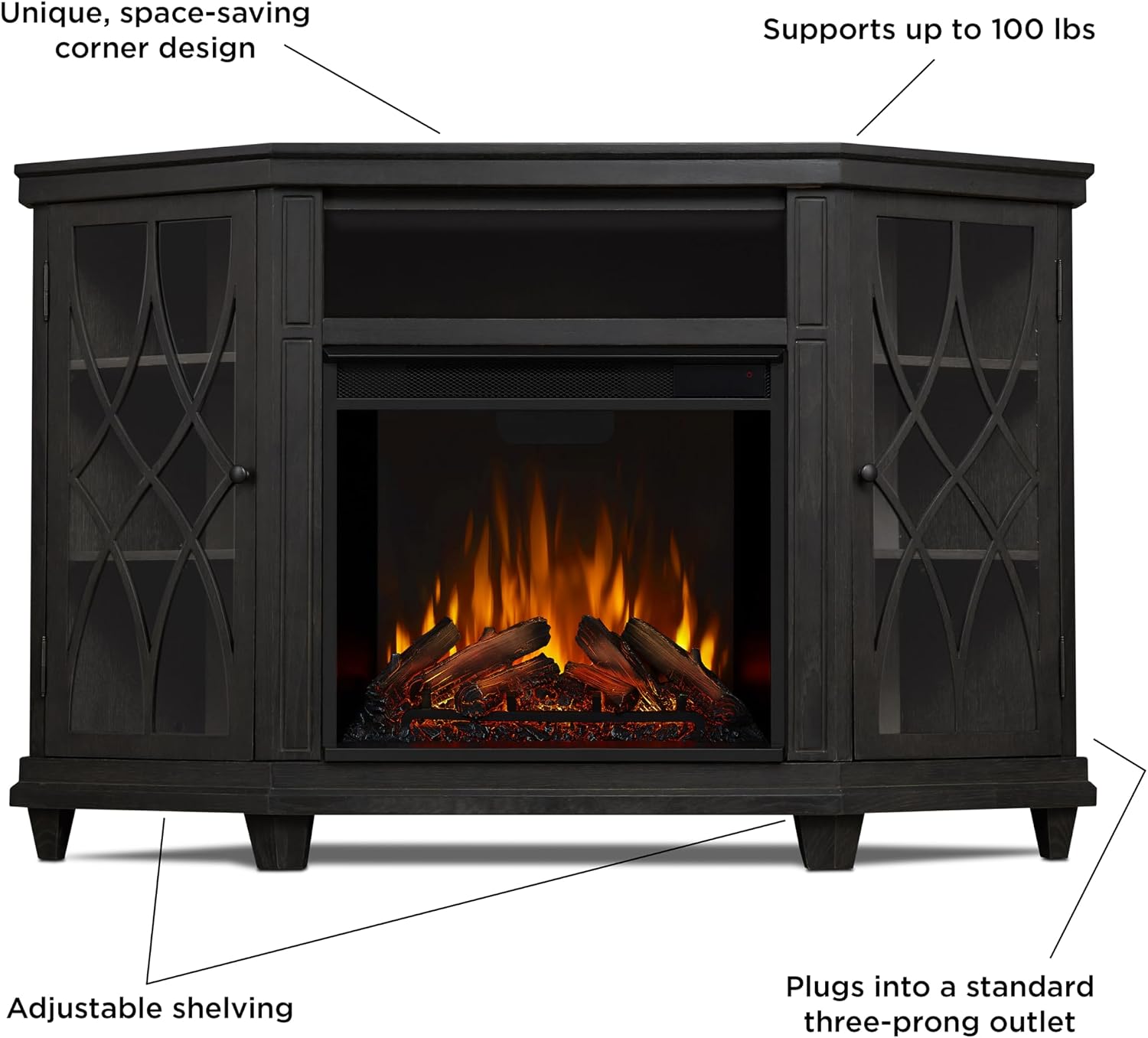 Real Flame Lynette Electric Fireplace TV Stand with Remote Control, Corner Unit, 1500 Watts, Grey (1750E-GRY)