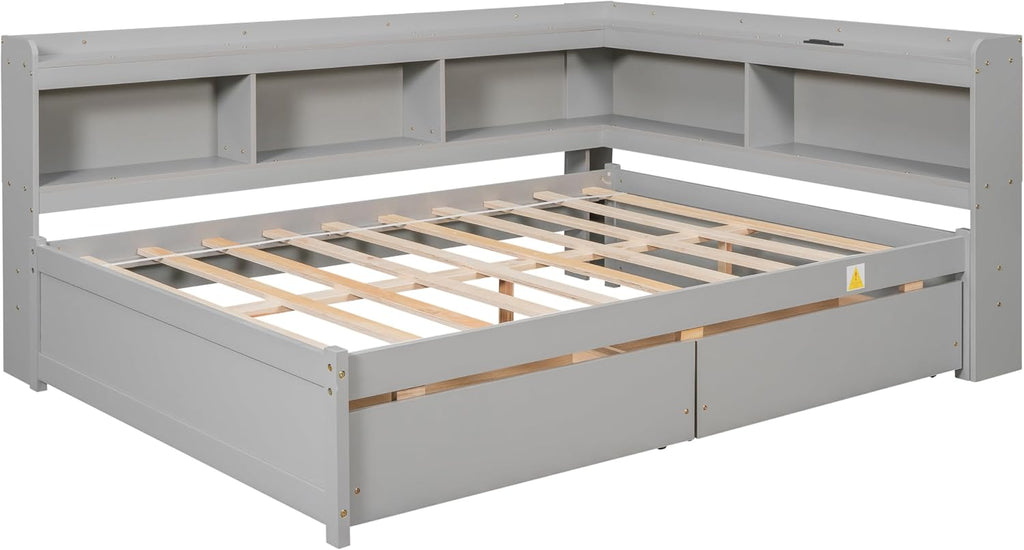 JIJIWANG Full Size Daybed with Storage Drawers and Shelves,Wood Corner Bed with USB Charging Ports and Power Outlets,L-Shaped and Bookcase,for Living Room,Bedroom,Grey