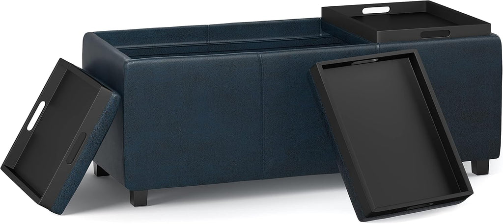 SIMPLIHOME Avalon Storage Ottoman - 42 inch Wide Upholstered Vegan Leather Rectangular Flip-Top Ottoman in Distressed Dark Blue, Contemporary Coffee Table Ottoman for Living Room with Hidden Storage