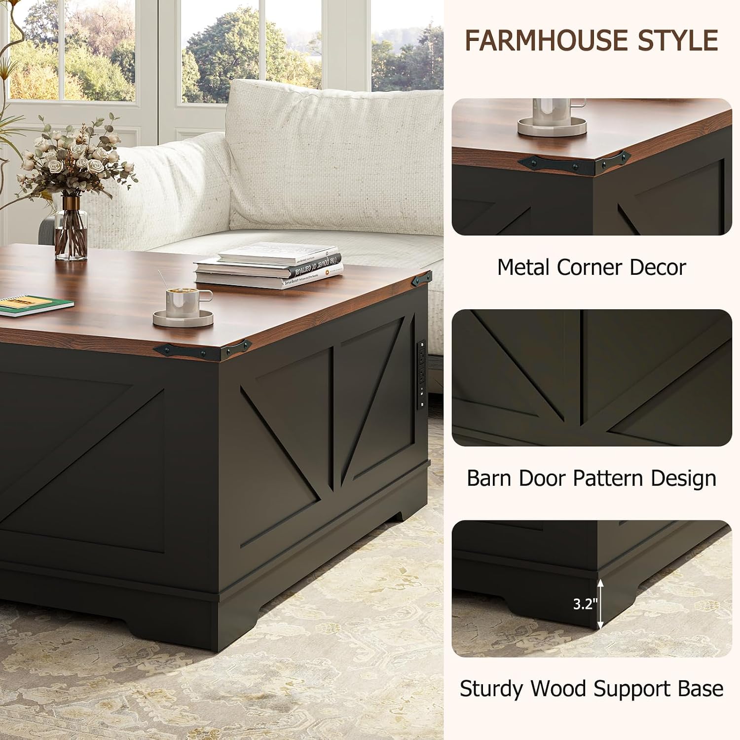 EAG 40' Large Farmhouse Lift Top Coffee Table with Hidden Compartment & Power Outlets, Square Wooden Coffee Table with Multi-Function Flip-Top Ample Storage Center Table for Living Room, Black