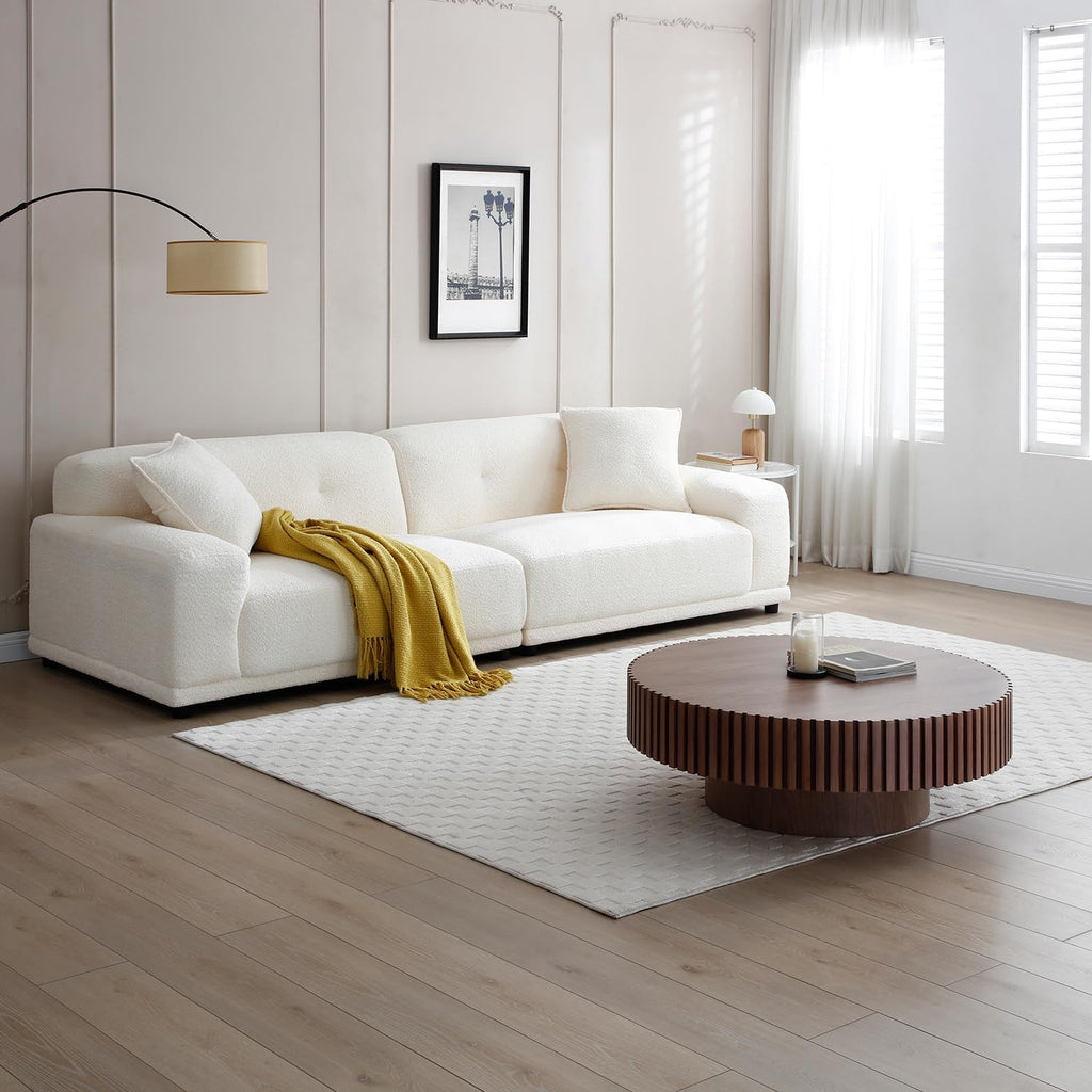 39.37'' Walnut Round Coffee Table for Living Room, Modern Wood Contemporary Circle Fluted Drum Style, Easy Assembly, Walnut (ø39.37'' x 13.42'')