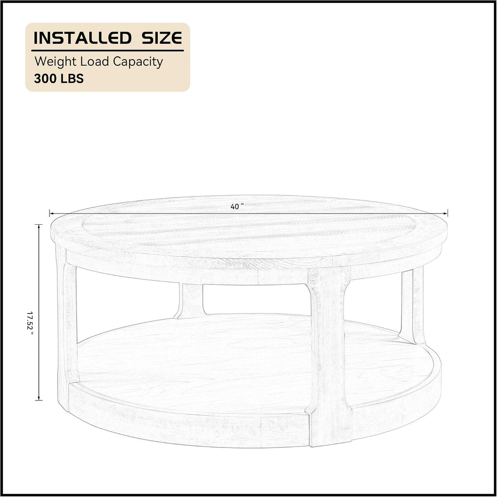 WILLIAMSPACE 40' Round Coffee Table with Wheels, Circle 2 Tier Solid Wood Center Coffee Table, Mid Century Retro Farmhouse Rounded End Table for Living Room Apartment, ø40 x 17.52' H (Light Brown)