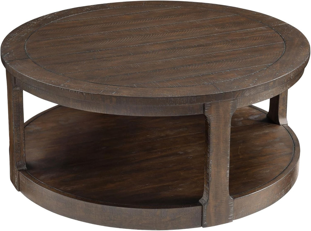 JUSTONE 40' Round Coffee Table for Living Room,2 Tier Traditional Round Circle Wooden Center Coffee Table,Rustic Industrial Coffee Table for Apartment, Easy Assembly (Brown)