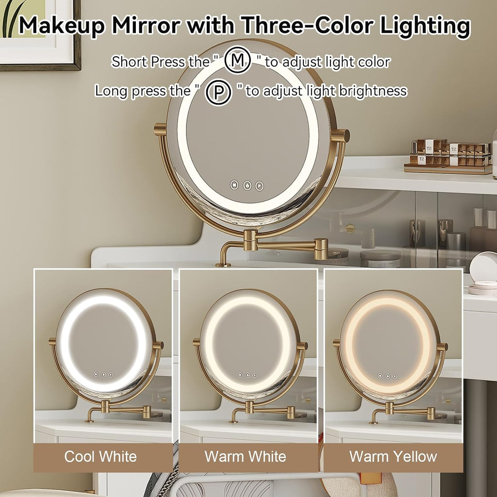 Merax Corner Vanity Desk with Mirror & LED Lights & Stool, Modern Makeup Vanity Table with Drawer Shelf Cabinet for Bedroom, Brightness Adjustable Folding Mirror (White)