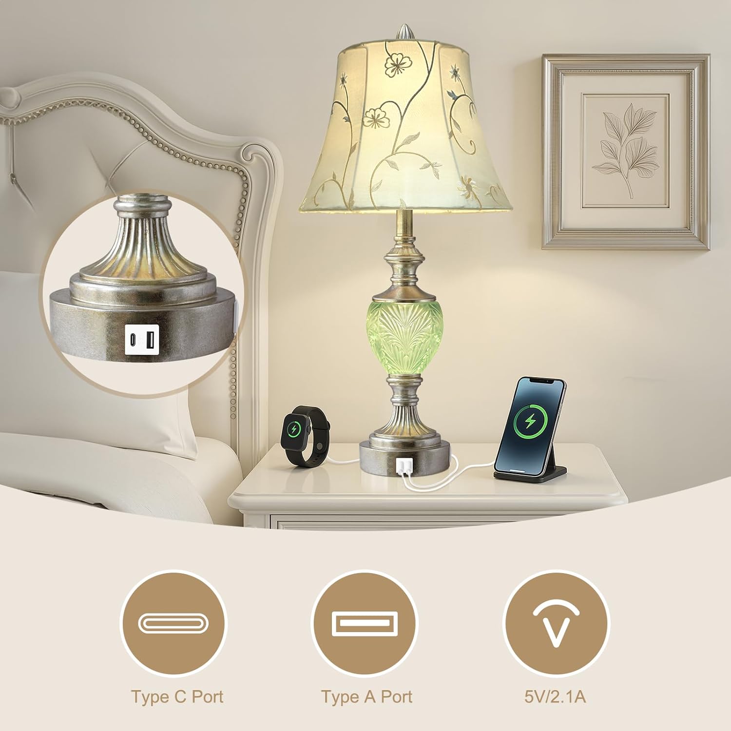 Bedside Table Lamp Set of 2 with Nightlight and USB A+C Ports, 27'' High Vintage Table Lamps with Silver Leaf Finish and Embroidered Shade, Nightstand Lamps Decor for Bedroom Living Room Home Office
