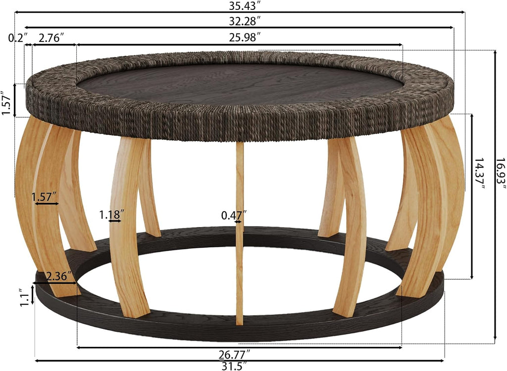 JIJIWANG 35.43' Rattan Round Coffee Table with Solid Wood Top, Vintage Accent Table with Curved Legs, Boho Side Tables for Dining Room, Kitchen, Living Room, Black Brown