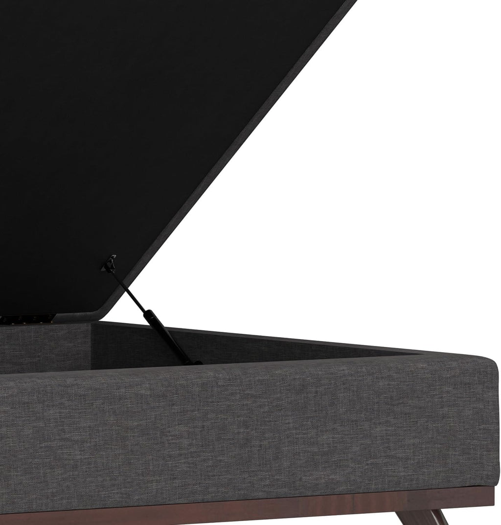 SIMPLIHOME Owen 36 inch Wide Mid Century Modern Square Coffee Table Storage Ottoman in Slate Grey Linen Look Fabric, Assembled, for the Living Room, Entryway and Family Room