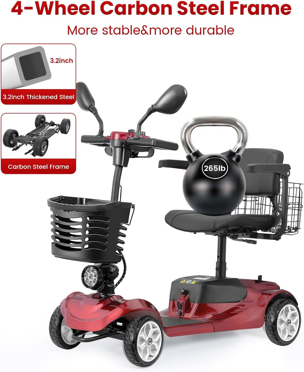 4 Wheel Mobility Scooter for Adults, All-Terrain Portable Electric Scooter, Folding Mobility Scooter with Adjustable Seat, 350W Motor, 12.5 Miles Range, Max Speed 5 Mph (Red)