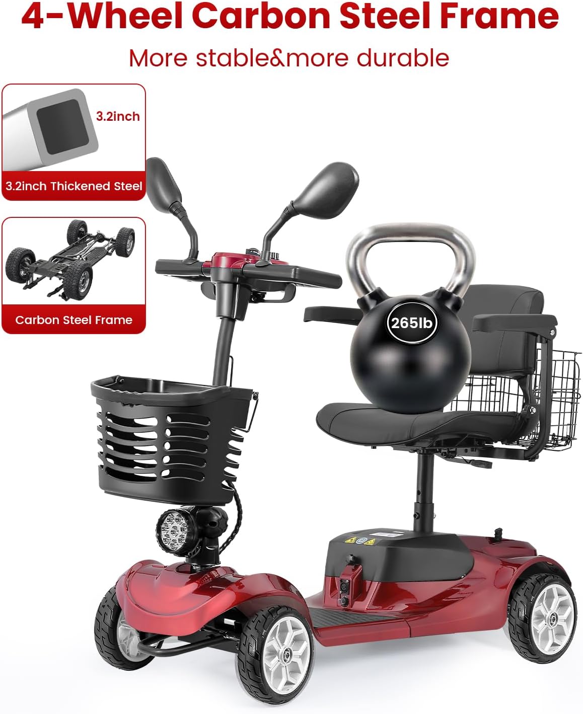 4 Wheel Mobility Scooter for Adults, All-Terrain Portable Electric Scooter, Folding Mobility Scooter with Adjustable Seat, 350W Motor, 12.5 Miles Range, Max Speed 5 Mph (Red)