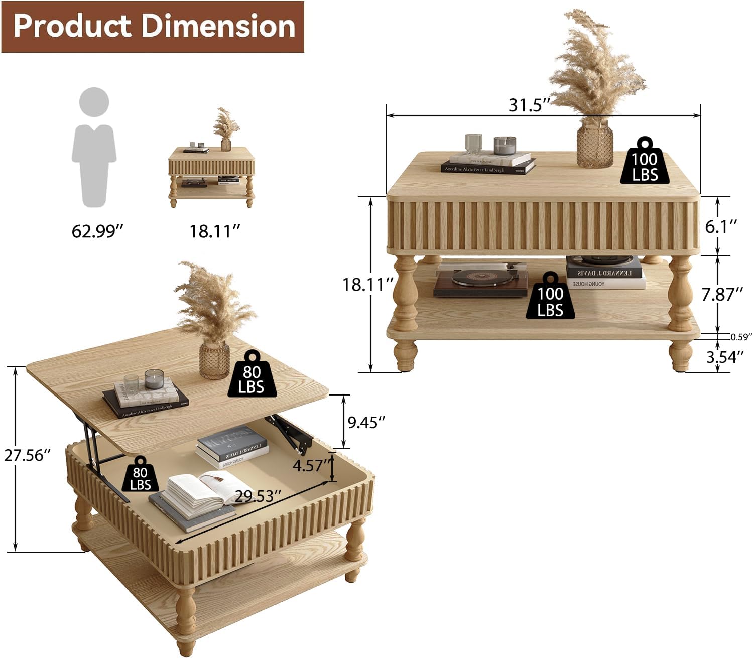 HARR Lift Top Square Coffee Table with Storage, 31.5'' Sofa Side End Table, Fluted Design Hydraulic Raising Mechanism, Hidden Compartment & Open Shelf, Retro Solid Wood Legs for Living Room, Natural