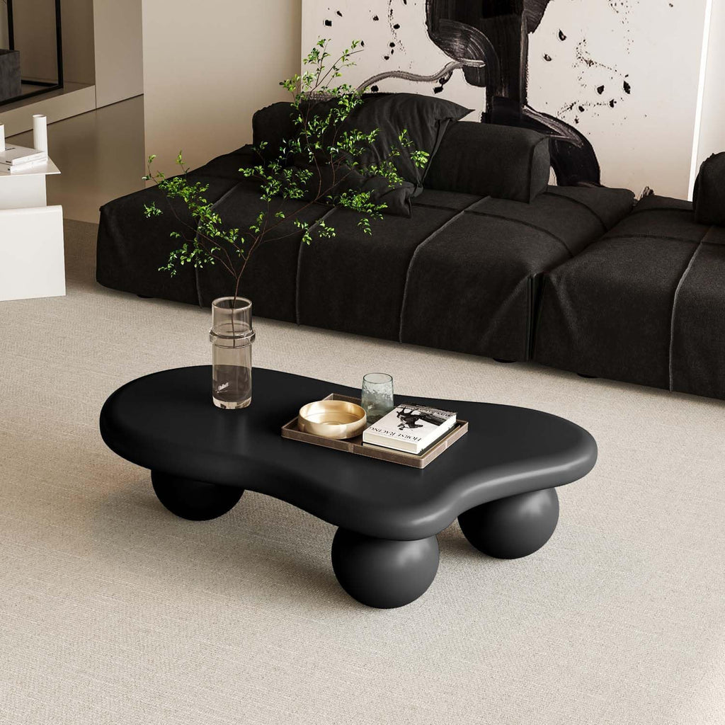 40' Black Modern Coffee Table Cloud Shape Low Center Table with 3 Ball Legs Cute Irregular Indoor Tea Table for Living Room Small Space