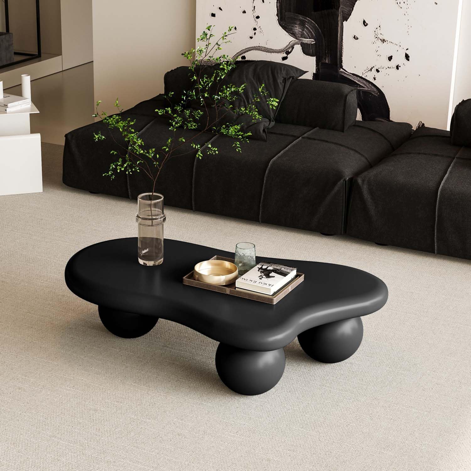 40' Black Modern Coffee Table Cloud Shape Low Center Table with 3 Ball Legs Cute Irregular Indoor Tea Table for Living Room Small Space