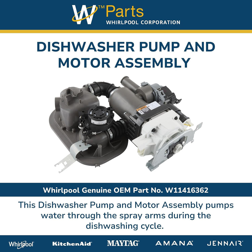 Whirlpool W11416362 Genuine OEM Dishwasher Pump and Motor Assembly Replacement Part - Replaces W11345228