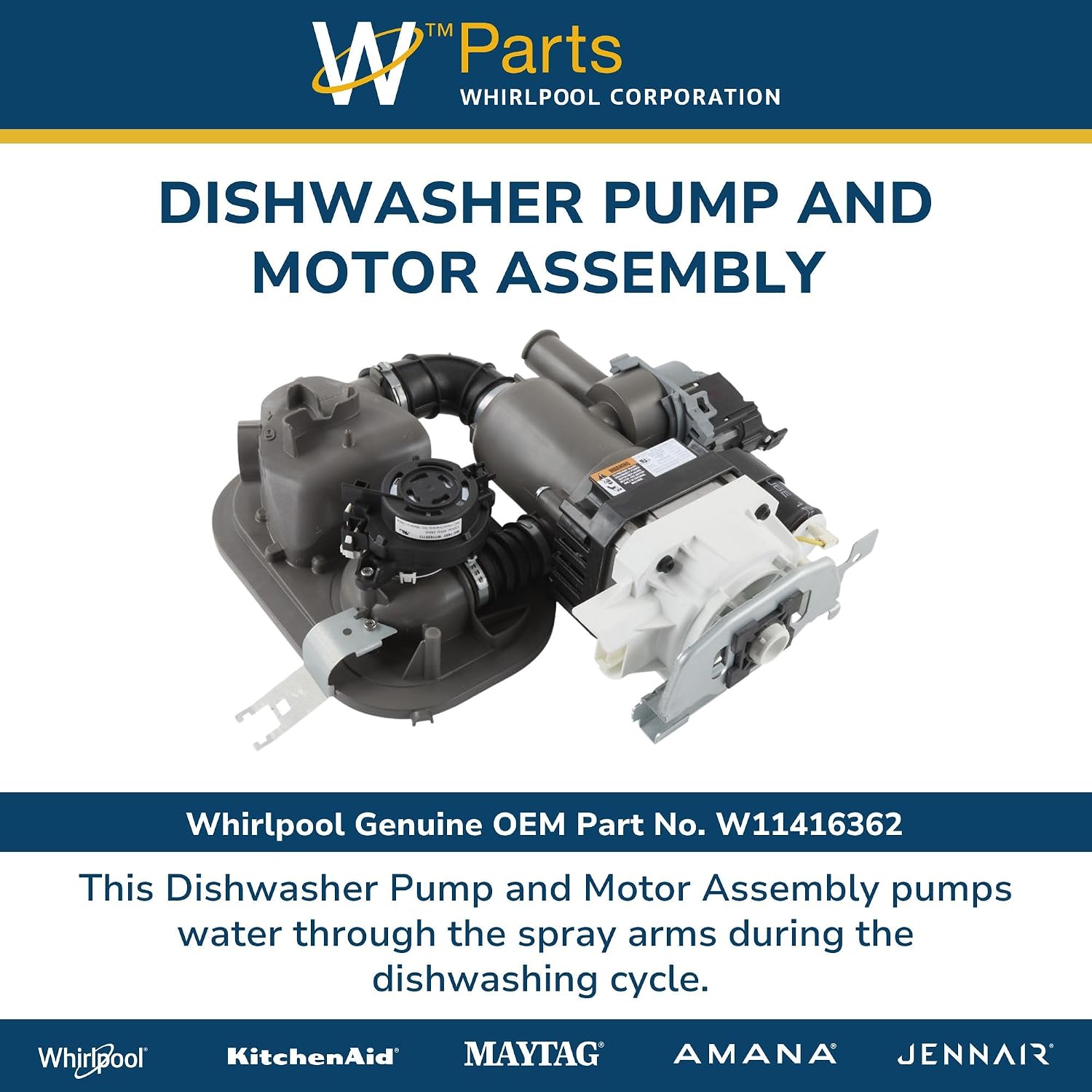 Whirlpool W11416362 Genuine OEM Dishwasher Pump and Motor Assembly Replacement Part - Replaces W11345228