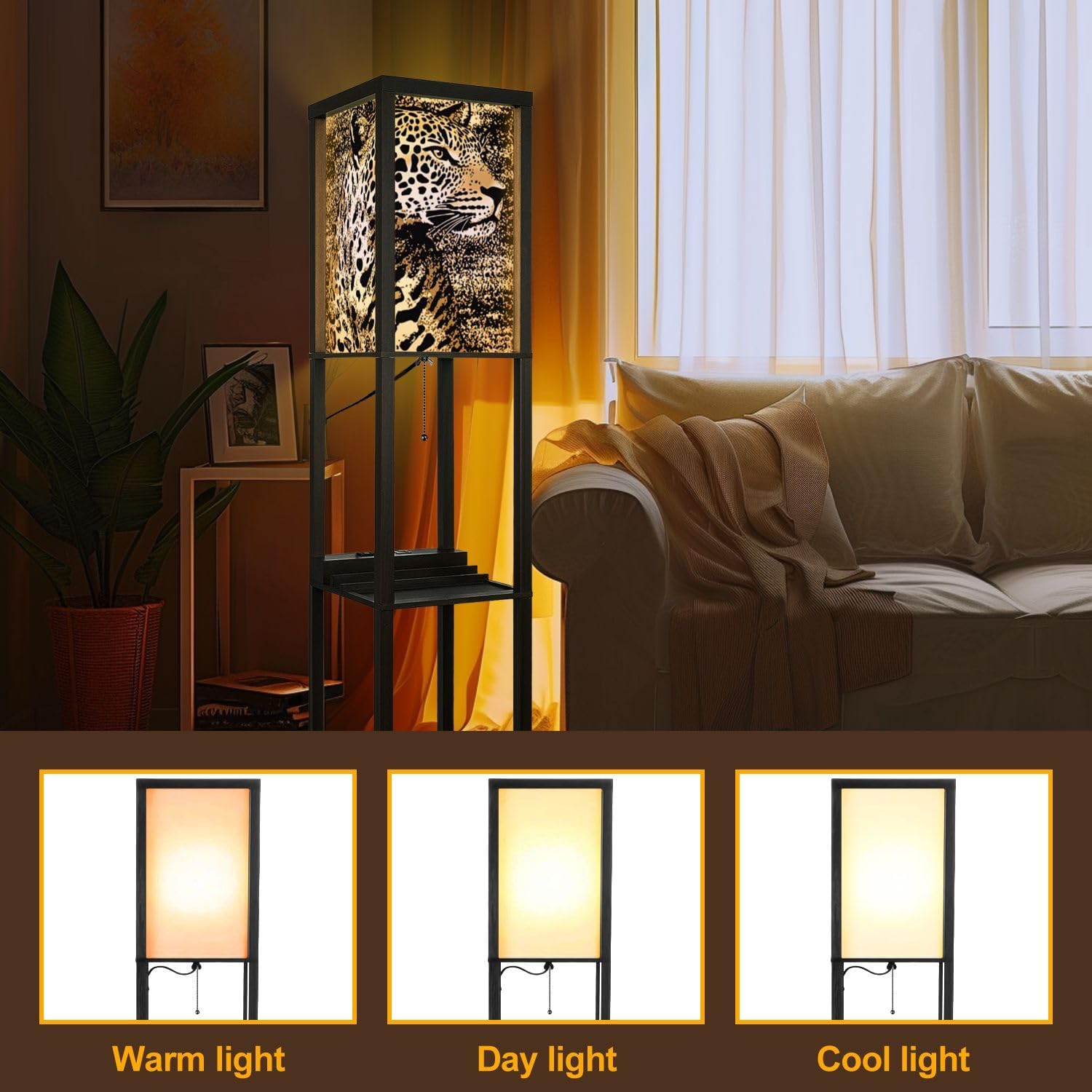 Floor Lamp with Shelves Modern Leopard Animal Zebra Print Leopard Standing Tall Lamp USB Ports & Power Outlet Modern Corner Lamp Nightstand Light for Living Room Bedroom