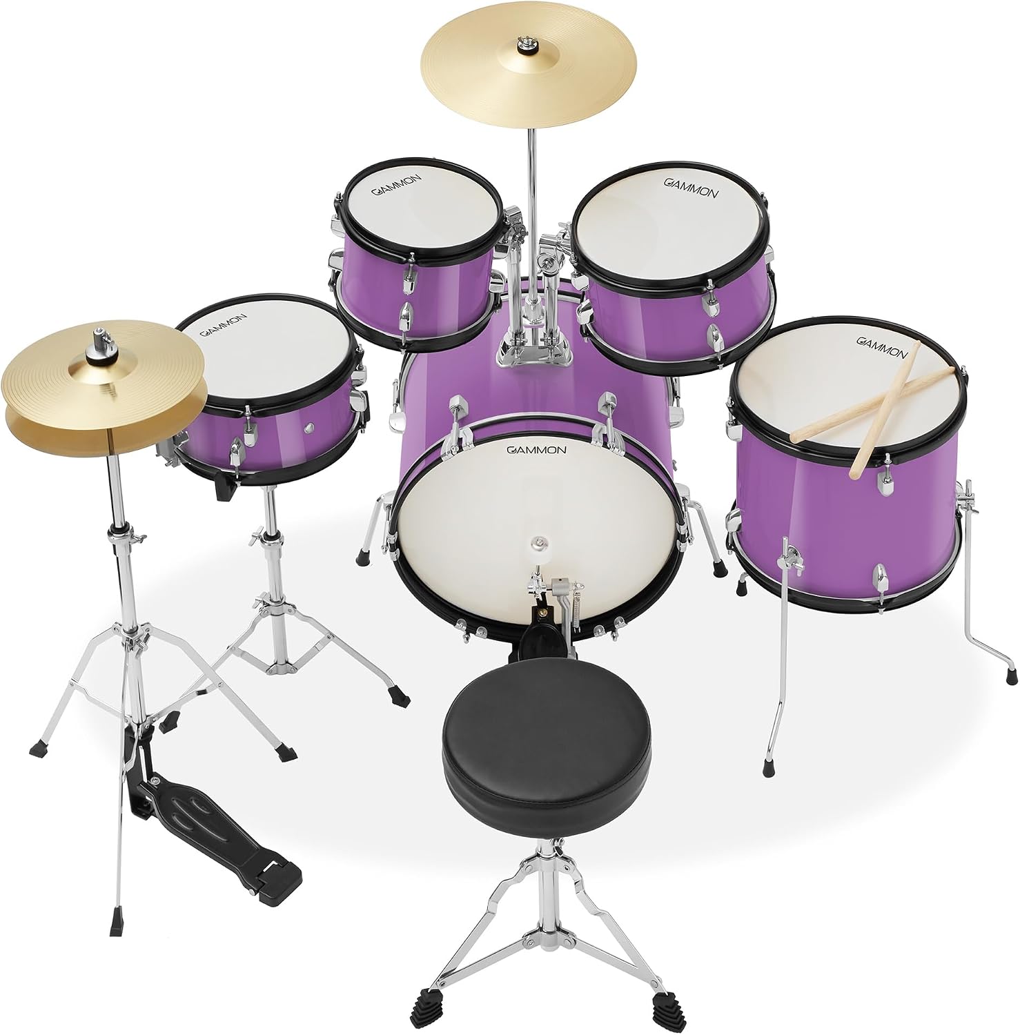 Gammon Percussion 5-Piece Junior Starter Drum Kit with Cymbals, Hardware, Sticks, & Throne - Purple