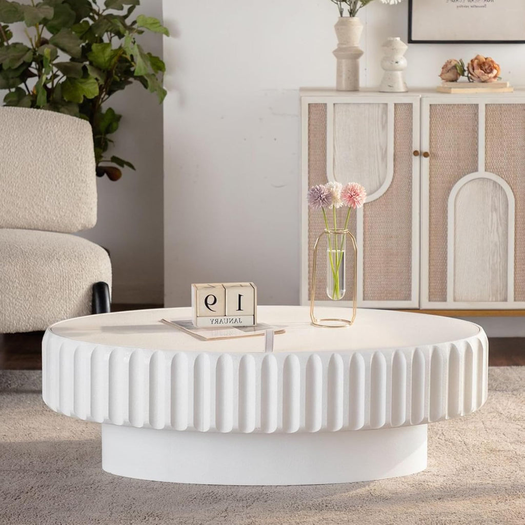 43.31'' White Oval Coffee Table with Storage Space for Living Room, Modern Contemporary Circle Curved Fluted Drum Pedestal Wood Coffee Table, Easy Assembly, White