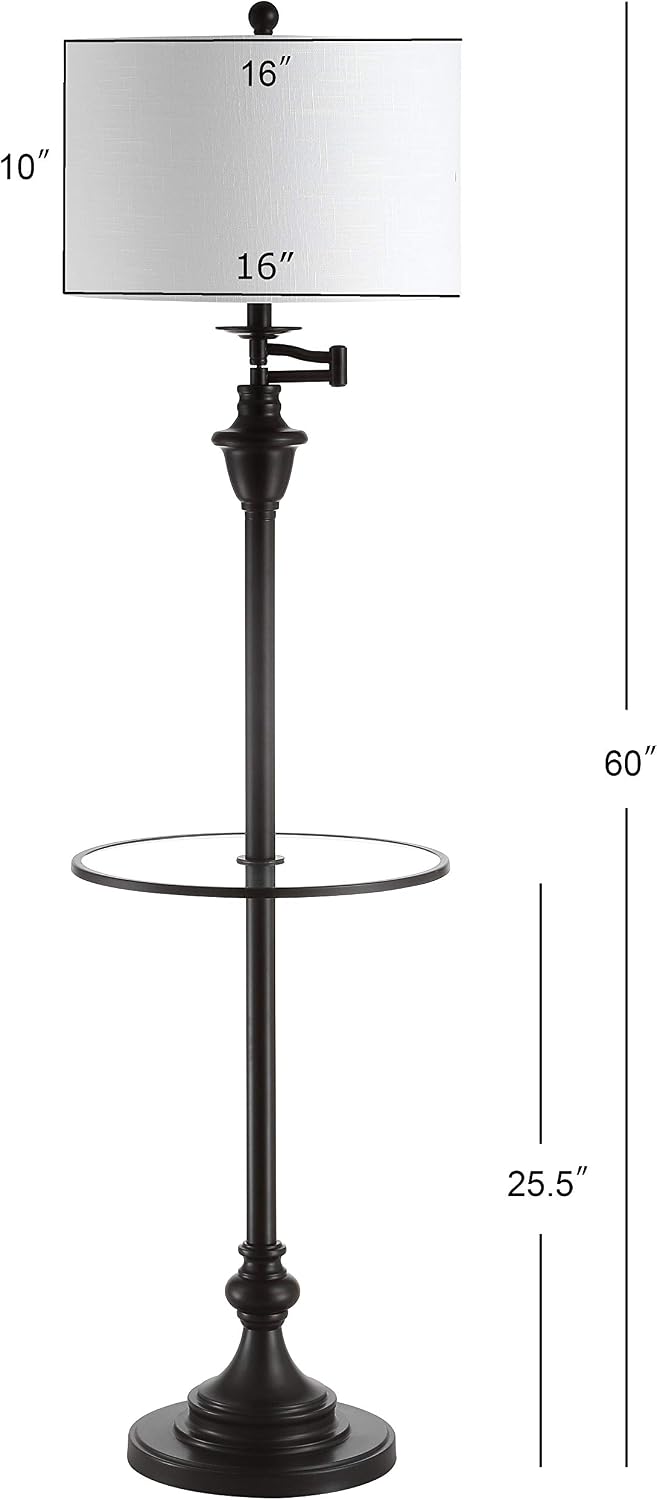 JONATHAN Y 60' Oil Rubbed Bronze Floor Lamp with Integrated Glass Side Table, Modern Swing Arm Standing Lamp for Living Room, White Linen Shade, LED Bulb Included (JYL3055C)