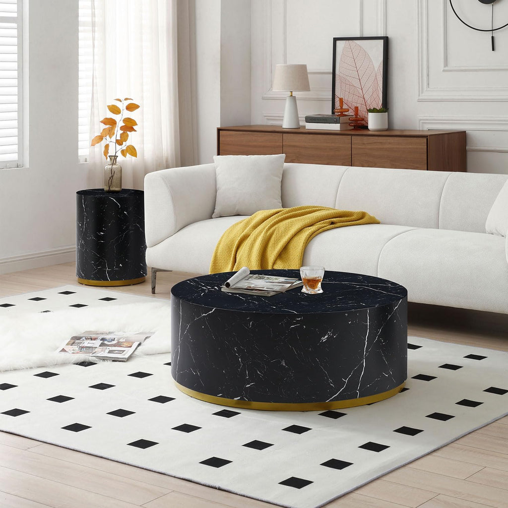 WILLIAMSPACE Wood End Table with Gold Rim Bottom & Marble Texture, Round Side Table for Small Spaces, Nightstand Sofa Table for Living Room Bedroom, ø15.75' * 19.69'H (Black)