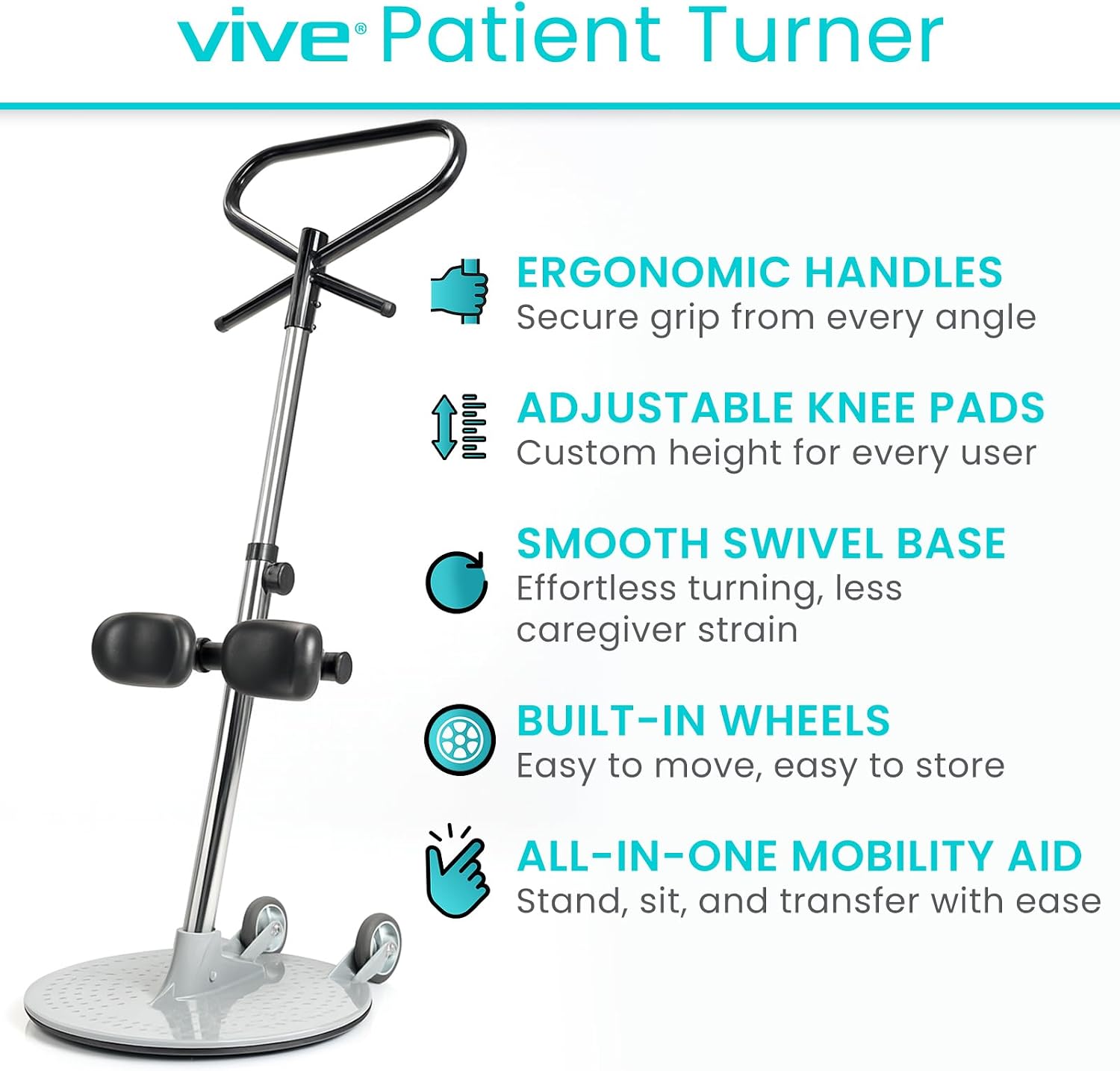 Vive Patient Turner - Turn Transfer Aid for Elderly - Mobility Sit to Stand Device for Transferring from Bed, Seat & Wheelchair - Pivot Disc 360 Degree Rotation w/Handle - Standing Aids & Supports