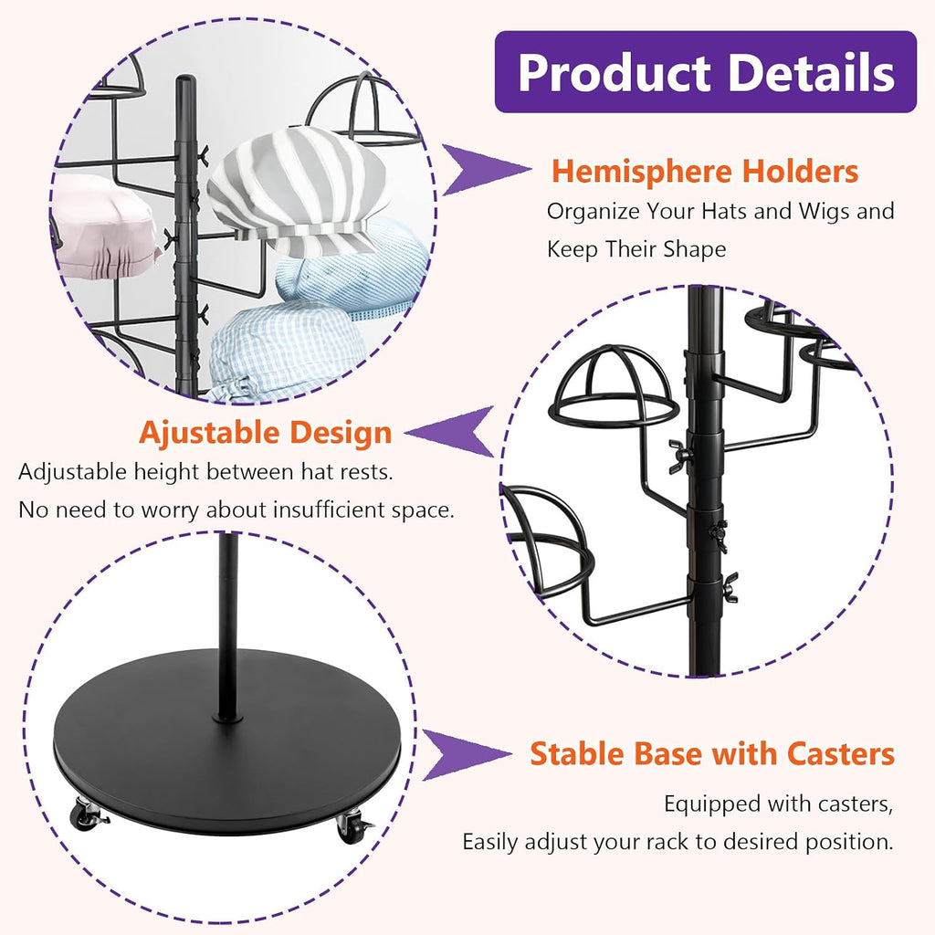 Metal Hats Display Rack with 30 Adjustable Hooks Floor Hat Rack Stand Hat Rack Display for Home Retail Store Hat Organizer Rack for Wig Cap(Black)