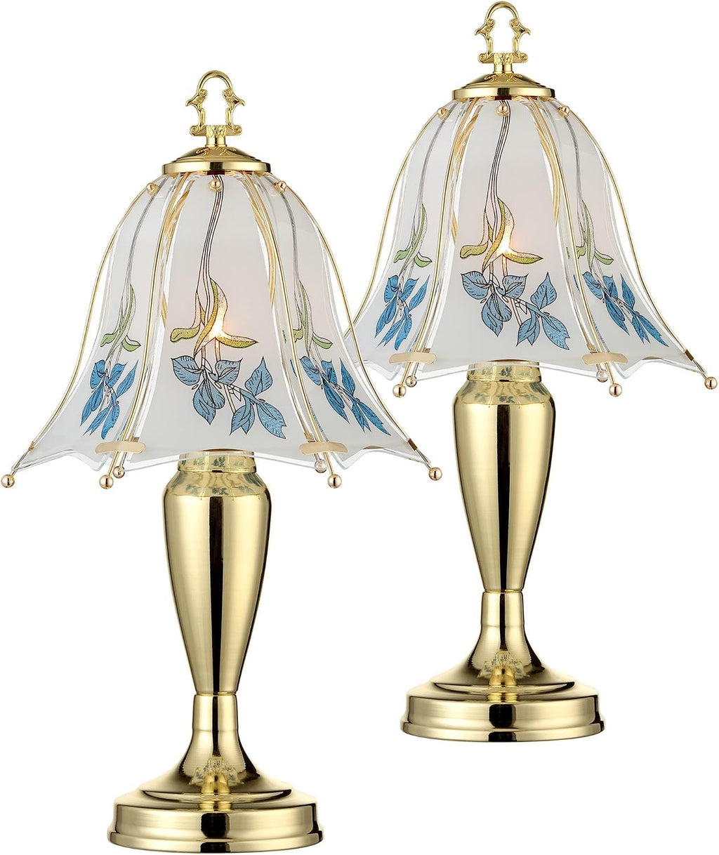 Regency Hill Blue Flower Traditional Accent Table Lamps 18' High Set of 2 Classic Brass Gold Printed Glass Shade Touch On Off for Living Room Bedroom House Bedside Nightstand Home Office