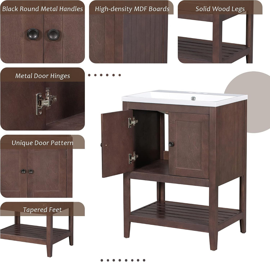 Merax 24 Inch Bathroom Vanity with Sink Set Combo, Cabinet with Doors and Open Shelf, Solid Wood Frame with Painted Finish, Modern Style