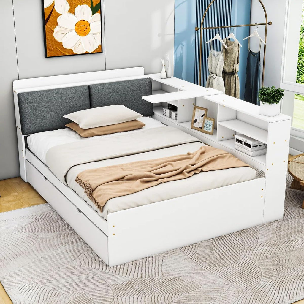 Full Size Bed with Storage Headboard, Full Daybed with Trundle and L-Shaped Shelves, Solid Wood Corner Platform Bed Frame with Storage for Apartment Bedroom, White