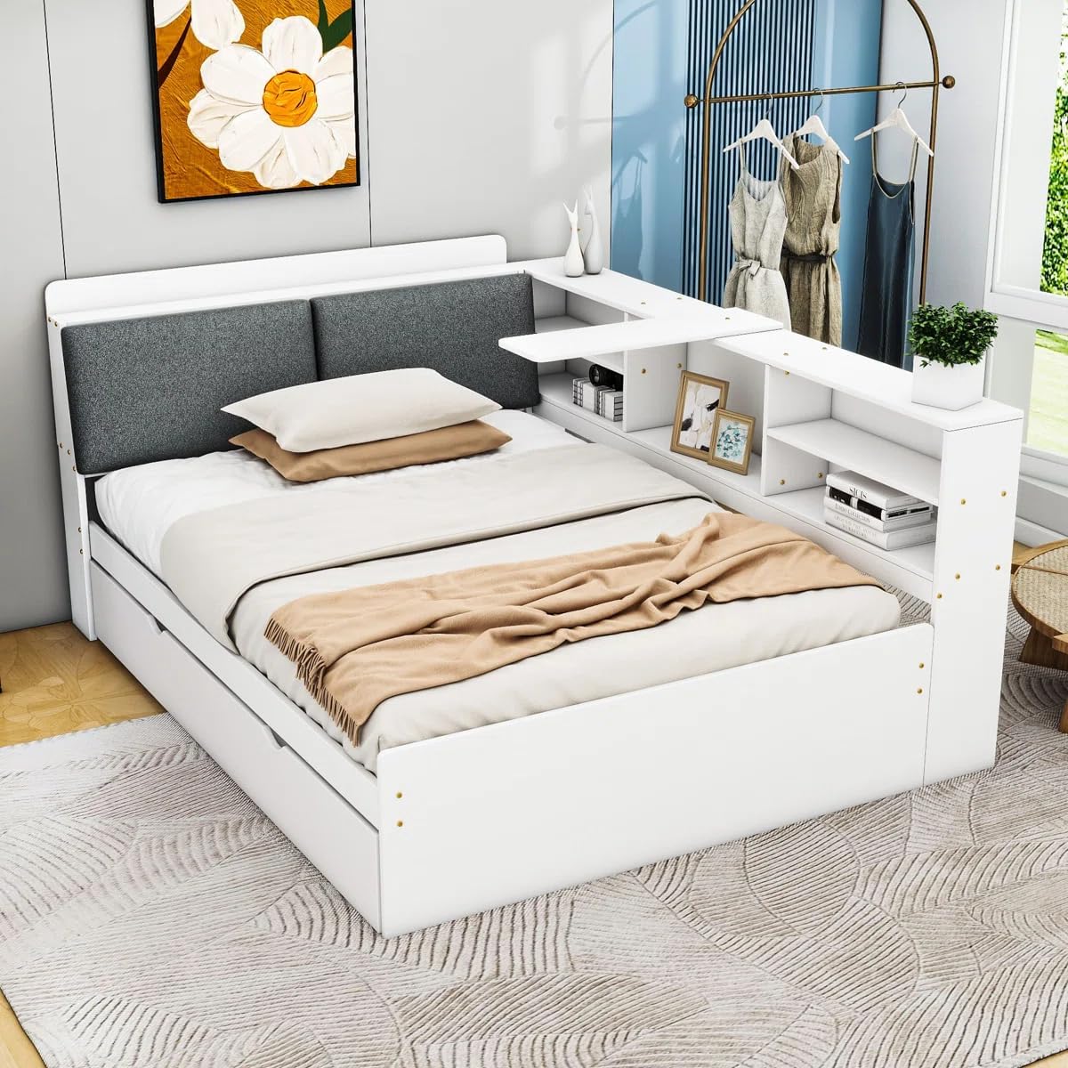 Full Size Bed with Storage Headboard, Full Daybed with Trundle and L-Shaped Shelves, Solid Wood Corner Platform Bed Frame with Storage for Apartment Bedroom, White