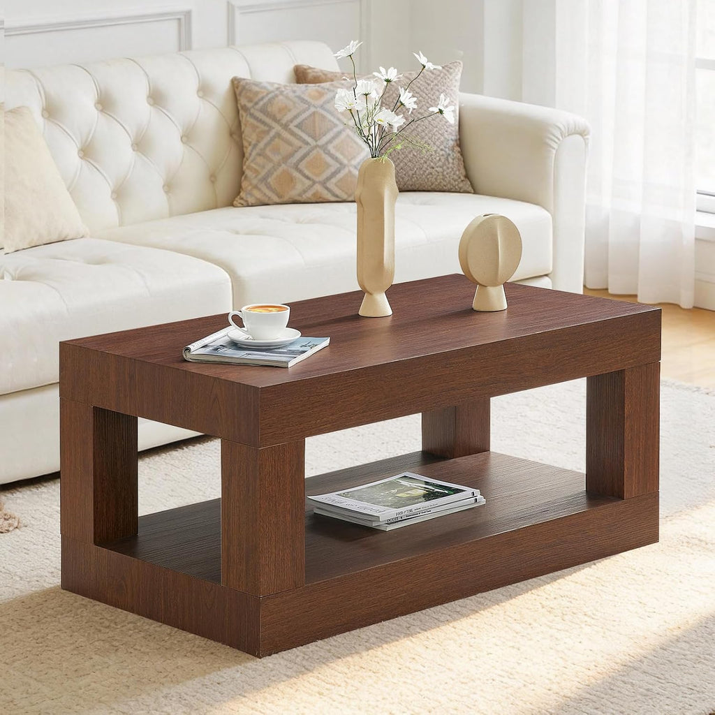 LKTART 39.37' Coffee Table with Storage, 2-Tier Mid Century Rectangular Accent Table with Thick Tabletop, Rustic Style Cocktail, Center Table for Living Room, Office, Apartment (Dark Walnut)
