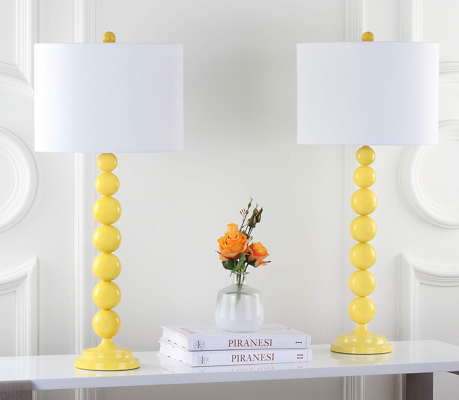 SAFAVIEH Lighting Collection Jenna Modern Contemporary Yellow Stacked Ball 32-inch Bedroom Living Room Home Office Desk Nightstand Table Lamp Set of 2 (LED Bulbs Included)