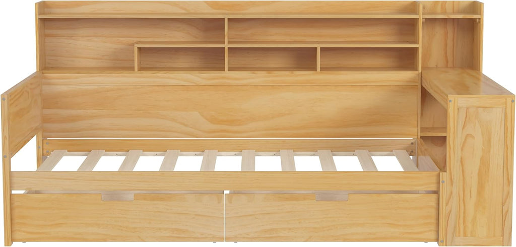 LUMISOL Twin Size Daybed with Storage Shelves & Drawers, Wooden Day Bed with Built-in Desk, Space Saving Corner Bed Frame for Living Room, Guest Room, No Box Spring Needed, Natural