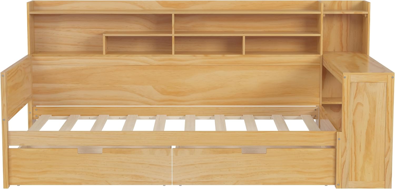 LUMISOL Twin Size Daybed with Storage Shelves & Drawers, Wooden Day Bed with Built-in Desk, Space Saving Corner Bed Frame for Living Room, Guest Room, No Box Spring Needed, Natural