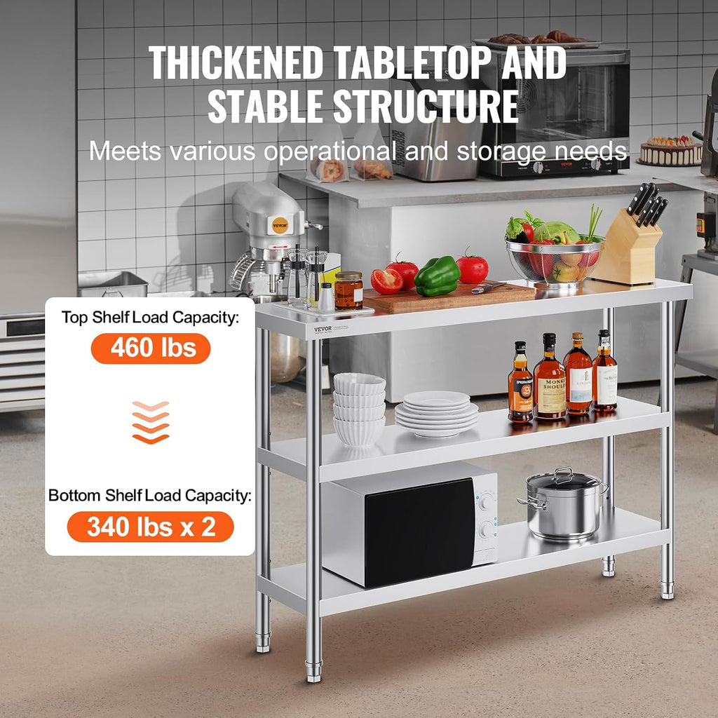 VEVOR Stainless Steel Food Prep Table, 14 x 48 x 34 Inch Commercial Kitchen Worktable, with 2 Adjustable Undershelf, Heavy Duty Prep Metal Work Tables for BBQ, Kitchen, Home, and Garage