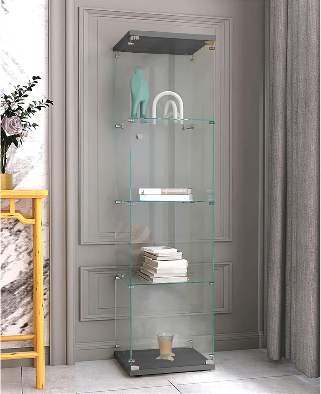 64' 4 Shelves Display Cabinet with One Door,Floor Standing Corner Curio Glass Cabinets Case W/Locks,Transparent Full Viewing Angle Bookshelf for Living Room,Bedroom,Black