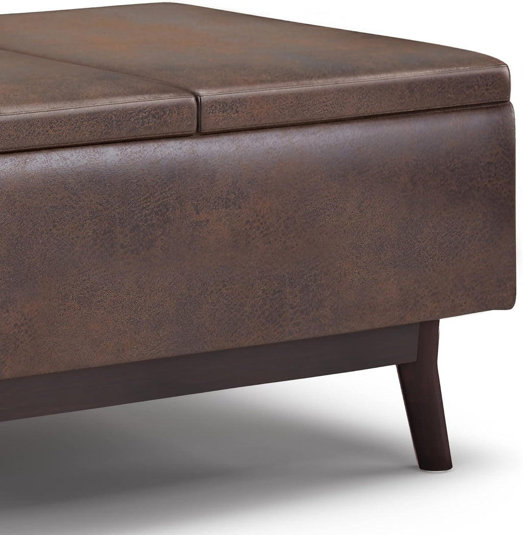 SIMPLIHOME Owen Tray Top Small Coffee Table Storage Ottoman - 34 inch Wide Upholstered Vegan Leather Rectangular Flip-Top Ottoman in Distressed Chestnut Brown, Mid-Century Ottoman for Living Room