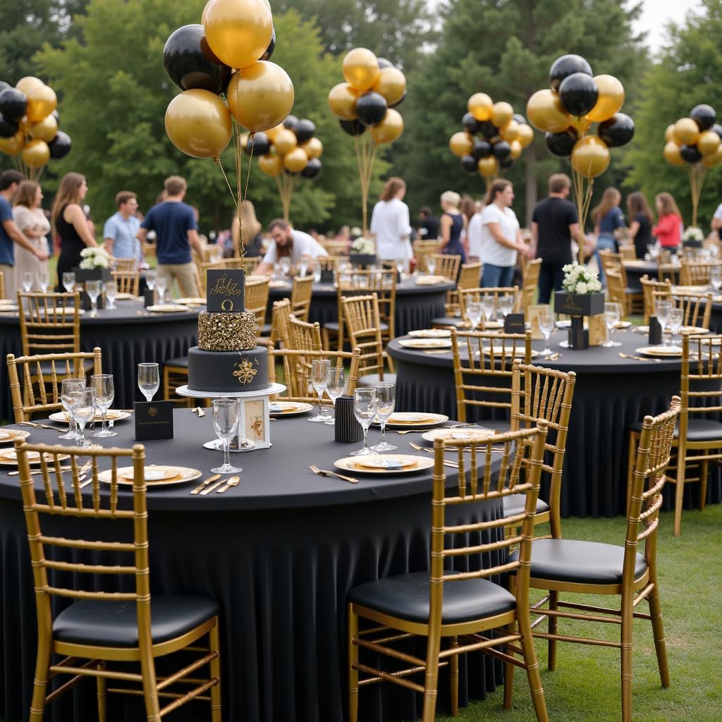 leegleri 8 Pack Spandex Black Round Tablecloths for 72in Table, Stretchy 132inch Fitted 6FT Round Table Cloths, Wrinkle Free Table Cover with Skirt for Wedding Birthday Party Bridal Shower Banquet