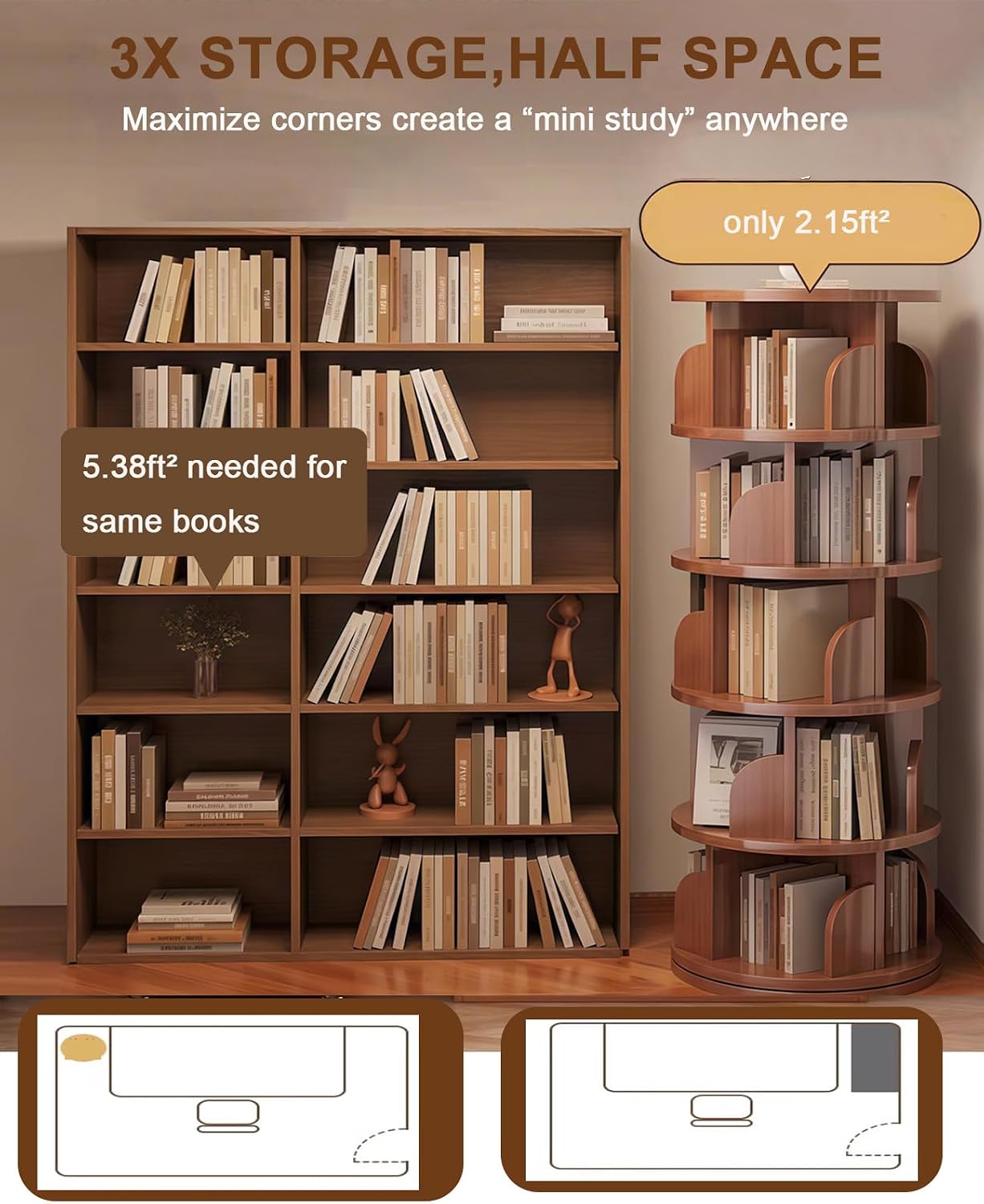 5 Tier Rotating Bookshelf, 360° Display Spinning Corner Book Shelf Tower, Narrow Tall Bookshelves, Small Revolving Bookcase, Wooden Book Shelf Standing Storage Rack