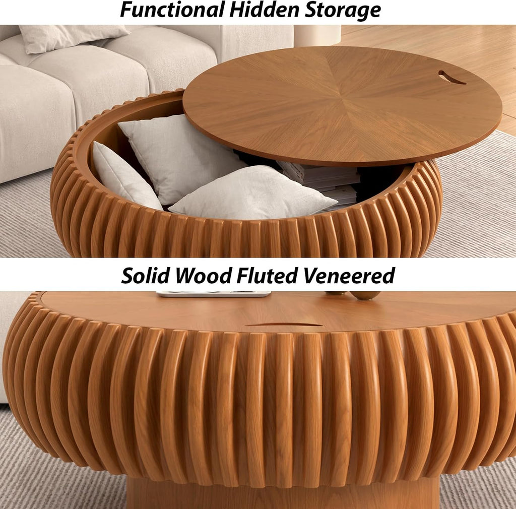 Drum Coffee Table with Hidden Storage, Modern Round Coffee Table for Living Room Circle Center Table with Solid Wood Fluted Veneered, Accent Tea Table for Small Space Apartment (Brown 39.37 inch)